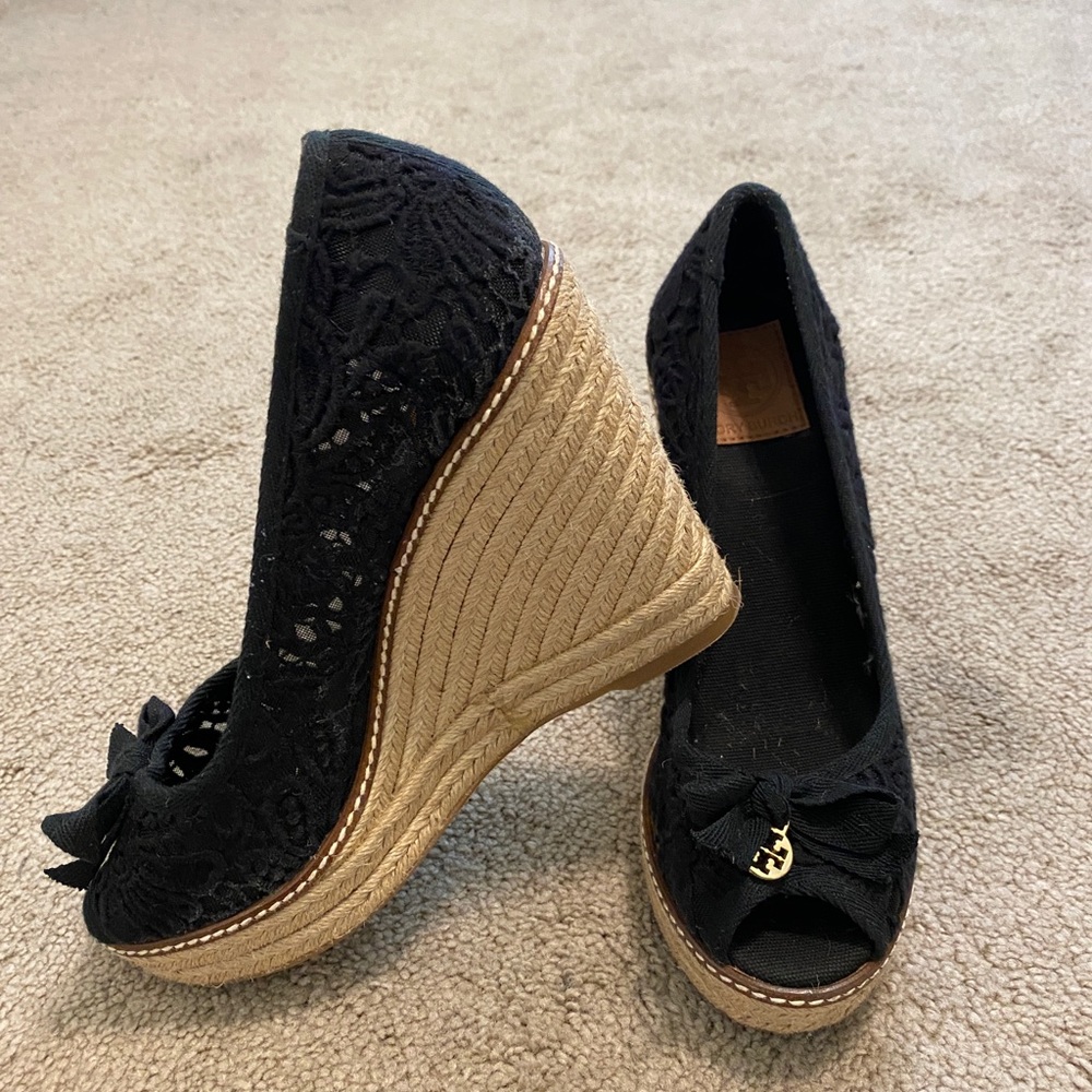 WORN ONCE! Tory Burch black lace wedges